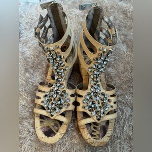 Sam Edelman funky rhinestone and spikes leather and cork wedges. Size 6.5